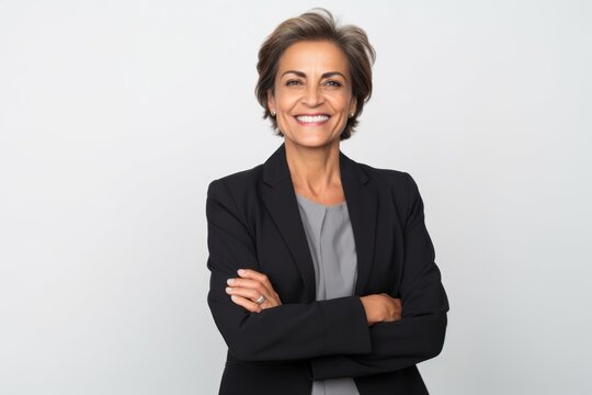 Portrait of happy mature businesswoman standing with arms crossed against white background