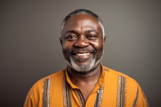 Close-up portrait photography of a satisfied Nigerian man in his 50s wearing a chic cardigan against an abstract background 