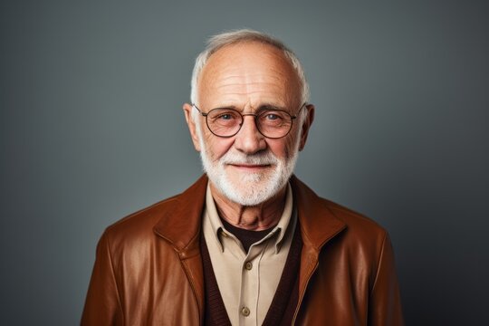 smiling senior man in brown jacket and eyeglasses looking at camera isolated on grey