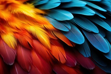 Colorful of Scarlet macaw bird's feathers with red yellow orange and blue shades, exotic nature...