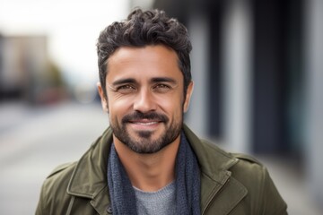 Fototapeta premium Portrait of handsome young man with beard looking at camera in city