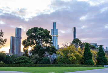 Melbourne City Skyline during sunset. Real photography of a modern and vibrant city. Melbourne,...