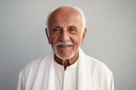 Portrait of a senior man smiling at the camera against grey background