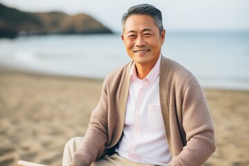 asian senior man sitting on the beach and looking at the camera
