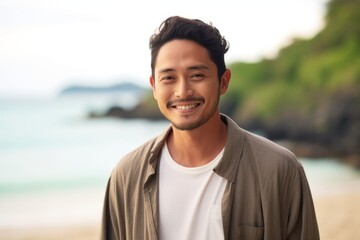 Portrait of a handsome young asian man smiling at the beach