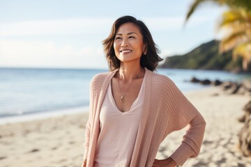 Portrait of a smiling young asian woman standing on the beach