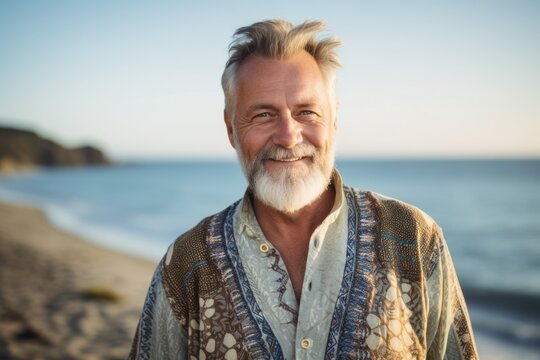 Portrait of happy senior man standing on beach at the day time