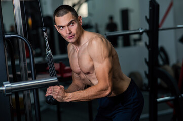 Fototapeta na wymiar Shirtless man doing triceps pulldown at the gym. 
