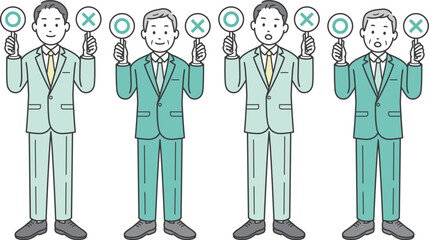 ⚪︎と×の札を上げるビジネスマン