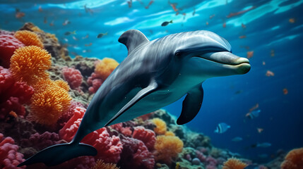 Naklejka premium Dolphin, Colorful Fish, and Coral underwater in the ocean