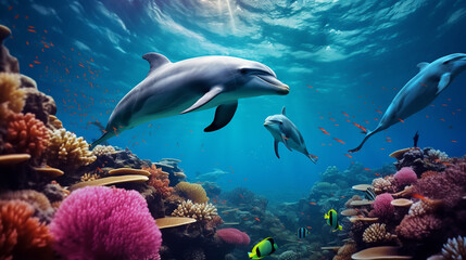 Dolphin, Colorful Fish, and Coral underwater in the ocean