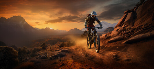 Fototapeta na wymiar Cyclist Riding Bicycle on Mountain Trail. Sunset Mountain Ride