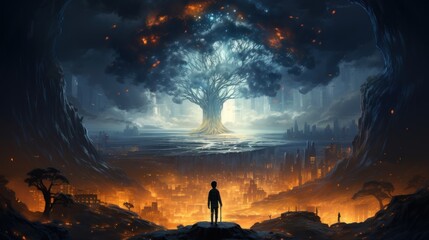 Fototapeta premium Boy standing on the opened giant book with fantasy light, digital art style, illustration painting