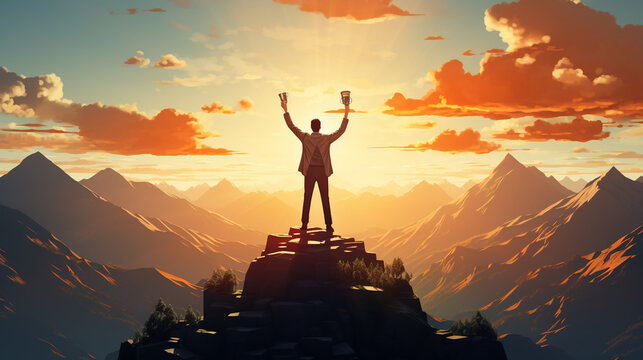 Businessman Holding Trophy on top of the mountain with Sunset Sky. Business success concept