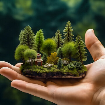Eco-conscious person holding a miniature forest in their hand - generative ai