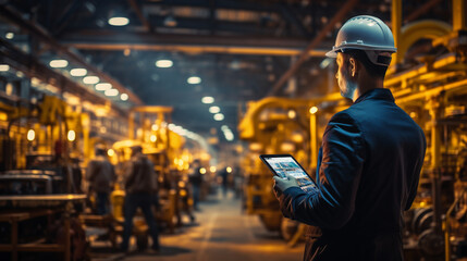 Factory engineer hold tablet. Smart industry control concept