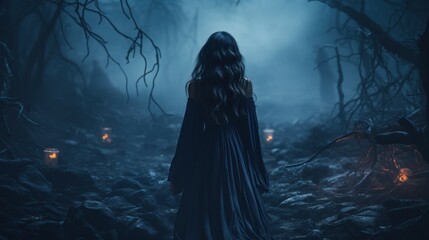 black widow long dark silk fly fabric dress, scary horror woman red hair runs mystery forest turned away black lady night walk gothic blue fog nature tree.
