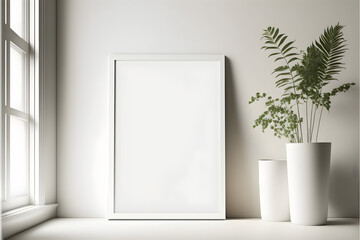 frame mockup in room with plant by the window, wall art mockup for poster aesthetic look and minimalist clean mockup ,poster mockup