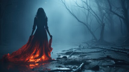 black widow long dark silk fly fabric dress, scary horror woman red hair runs mystery forest turned away black lady night walk gothic blue fog nature tree.