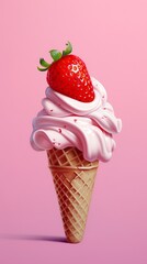 Ice cream cone waffle with strawberry topping background. AI Generated