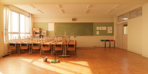 机が隅に寄せられた放課後の無人の教室 / 掃除当番・大掃除シーン・青春とノスタルジーのコンセプトイメージ / 3Dレンダリング