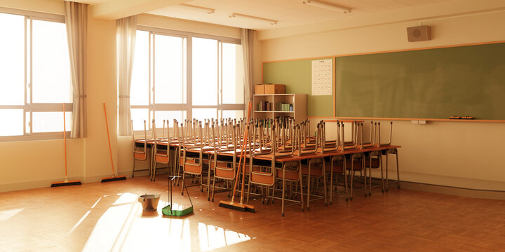 机が隅に寄せられた放課後の無人の教室 / 掃除当番・大掃除シーン・青春とノスタルジーのコンセプトイメージ / 3Dレンダリング