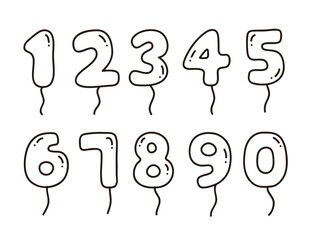 Set of hand drawn balloon numbers in doodle style. 
