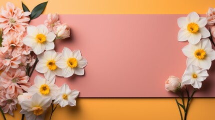 Banner with frame made of rose flowers and green leaves on a pink background.
