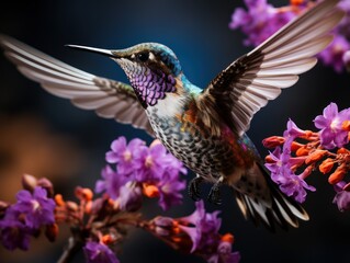 Anna's Hummingbird in flight with purple flower 