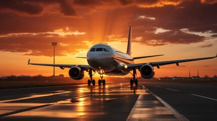Fototapeta na wymiar Airplane and road with motion blur effect at sunset. Landscape with passenger airplane is flying over the asphalt road and cloudy sky.