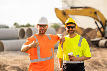 Construction site workers in a helmet work hard. Two workers in a hard hat is responsible for ensuring safety while constructing buildings. Builders workers personal protective equipment.