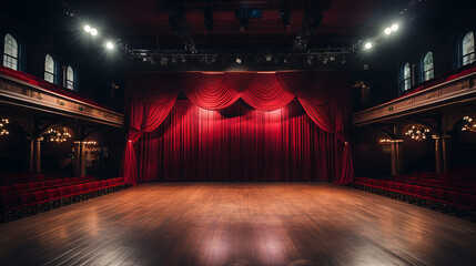 theater stage, with red curtain, wooden floor, chairs and lighting AI generative - obrazy, fototapety, plakaty