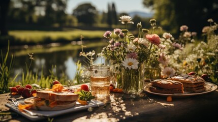 A joyful picnic in nature. Plenty of delicious food and good vibes