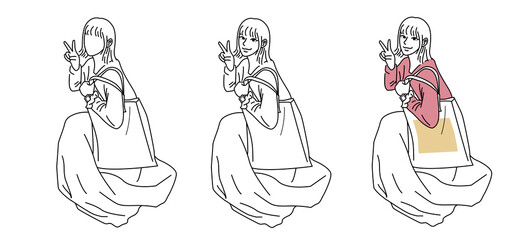 A girl illustration. Taking pictures to post on Instagram.