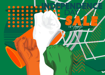 Indian Independence Day Sale poster with flag tricolor, green, orange and white. Patriotism template, Happy India Freedom celebration with special offer.