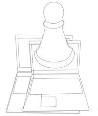 One continuous line of Laptop with pawn, chess piece. Thin Line Illustration vector concept. Contour Drawing Creative ideas.
