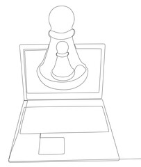 One continuous line of Laptop with pawn, chess piece. Thin Line Illustration vector concept. Contour Drawing Creative ideas.