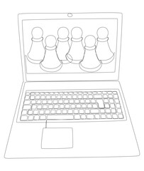 One continuous line of Laptop with pawn, chess piece. Thin Line Illustration vector concept. Contour Drawing Creative ideas.