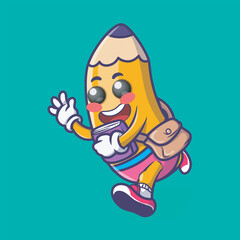 Cute pencil go to school holding book cartoon icon illustration