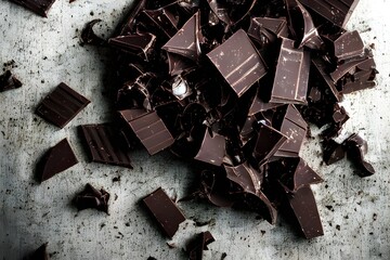 On the somber table lies a collection of bitter chocolate morsels, forming a mesmerizing display of dark indulgence