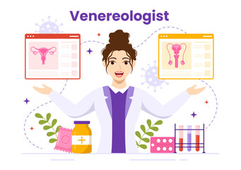 Venereologist Vector Illustration of Diagnostic for Dermatology Disease, Sexually Transmitted and Infection in Flat Cartoon Hand Drawn Templates