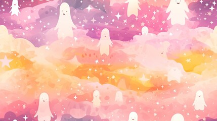 Ghosts silhouette wallpaper with stars, in the style of light pink and light amber, seamless Helloween background