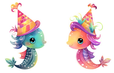 Colorful cute underwater Seahorse with birthday hat, birthday party celebration on white background