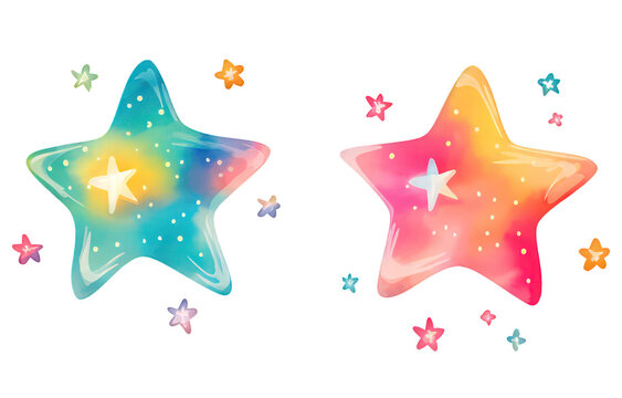 Watercolor birthday Stars on white background, holiday decorative elements, watercolor kids story books, magic fairy tail