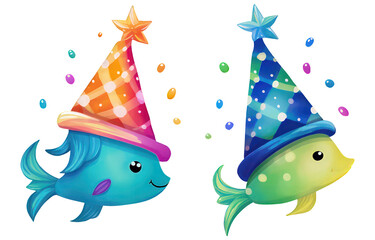 Watercolor fishes thir hats and bubbles on white and transparent background, Mermaid , Sea life, Ocean life, Clipart, Birthday collections, fairy tail, kids comic story books