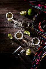 Tequila Shots with Lime and Salt for Mexican Party with Empty glasses in Mexico After Party
