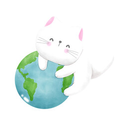 Cute cat international cat day kitten and world watercolor style illustration element Png