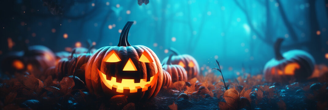 Halloween pumpkin ghosts in the spooky forest - Generative AI