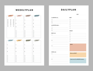 Weekly Plan .Minimalist planner template set. Vector illustration.	 