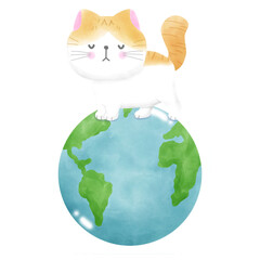 Cute cat international cat day kitten and world watercolor style illustration element Png